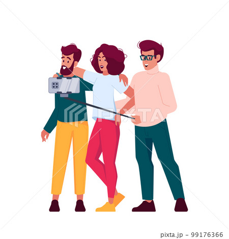 Group Of Diverse Friends Taking Selfie, Laughing, Smiling, Having Fun Together, Using Smartphone Isolated On White 99176366