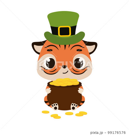 Cute tiger in green leprechaun hat holds bowler with gold coins. Irish holiday folklore theme. Cartoon design for cards, decor, shirt, invitation. Vector stock illustration Cute tiger in green leprechaun hat holds bowler with gold coins. Irish holiday folklore theme. Cartoon design for cards, decor, shirt, invitation. Vector stock illustration 99176576