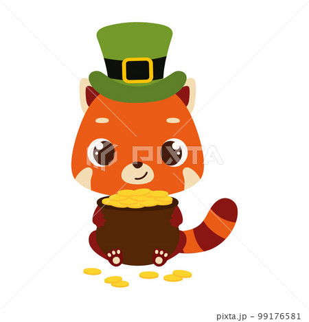Cute red panda in green leprechaun hat holds bowler with gold coins. Irish holiday folklore theme. Cartoon design for cards, decor, shirt, invitation. Vector stock illustration Cute red panda in green leprechaun hat holds bowler with gold coins. Irish holiday folklore theme. Cartoon design for cards, decor, shirt, invitation. Vector stock illustration 99176581