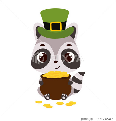 Cute raccoon in green leprechaun hat holds bowler with gold coins. Irish holiday folklore theme. Cartoon design for cards, decor, shirt, invitation. Vector stock illustration 99176587