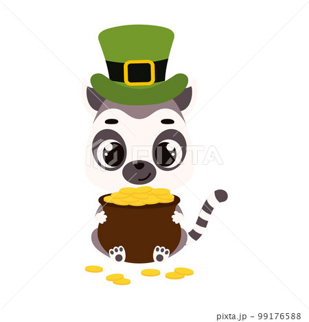 Cute lemur in green leprechaun hat holds bowler with gold coins. Irish holiday folklore theme. Cartoon design for cards, decor, shirt, invitation. Vector stock illustration 99176588