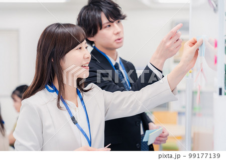 ホワイトボードでアイデアの整理をするビジネスパーソン 99177139