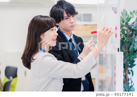 ホワイトボードでアイデアの整理をするビジネスパーソン 99177141