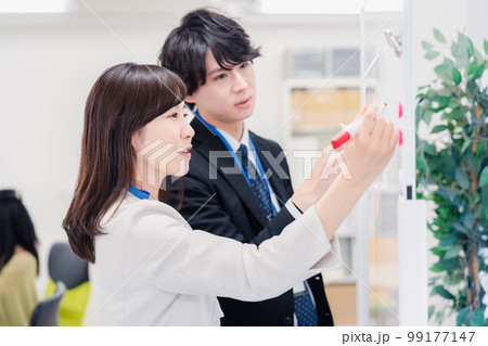 ホワイトボードでアイデアの整理をするビジネスパーソン ホワイトボードでアイデアの整理をするビジネスパーソン 99177147