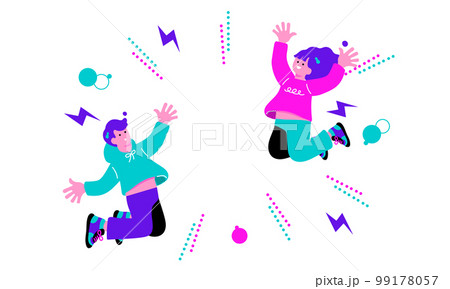 ポップなカラーの喜ぶ男女のイラスト 99178057