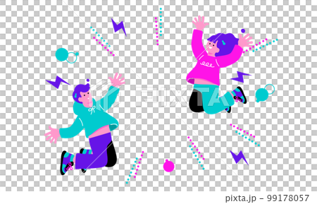ポップなカラーの喜ぶ男女のイラスト 99178057