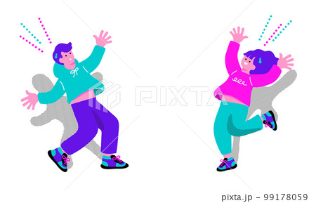 ポップなカラーの喜ぶ男女のイラスト ポップなカラーの喜ぶ男女のイラスト 99178059