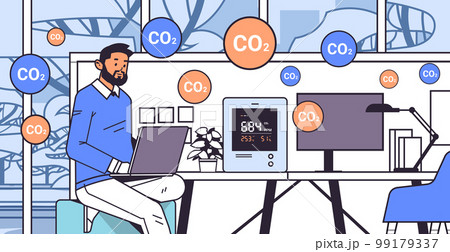 businessman working in office with air quality monitor test on the presence of dangerous CO2 control level testing with indoor carbon dioxide detector businessman working in office with air quality monitor test on the presence of dangerous CO2 control level testing with indoor carbon dioxide detector 99179337