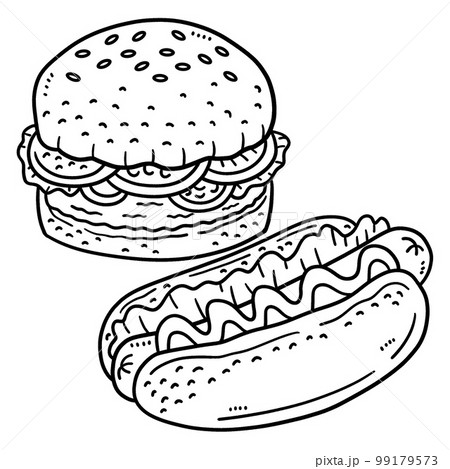 Hamburger And Hotdog Isolated Coloring Page - Stock Illustration [99179573]  - Pixta