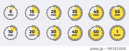 Timer, clock, stopwatch isolated set icons. Countdown timer symbol icon set. Label cooking time. Vector illustration 99181008