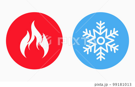 Hot and cold icon. Fire and snowflake sign. Heating and cooling button. Vector illustration 99181013
