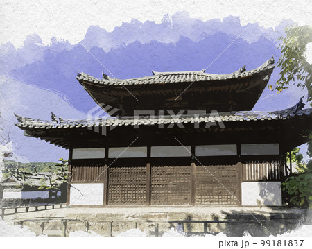 水彩画風　法隆寺　金堂　奈良県生駒郡斑鳩町 99181837