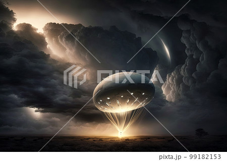 Flying white scifi ufo balloon during storm. Ufo balloon. Unidentified flying object 99182153