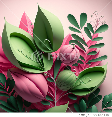 Pink shades flowers with green stems and leaves on pink background. Pink shades flowers with green stems and leaves on pink background. 99182310