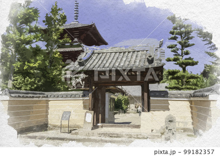 水彩画風　法輪寺　表門　奈良県生駒郡斑鳩町 99182357