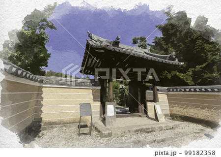 水彩画風　法輪寺　表門　奈良県生駒郡斑鳩町 99182358