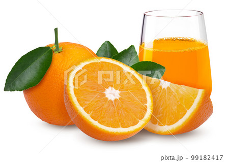 Fresh Orange fruit and an Orange slice with a Glass of Orange Juice isolated on a white background 99182417