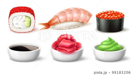 Realistic sushi rolls. Caviar and shrimp rolls, japanese salmon snacks, soy sauce, wasabi, pickled ginger, rice and nori seaweed, 3d isolated elements, asian restaurant menu utter vector set 99183206