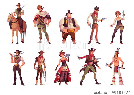 Cartoon cowboys. Funny cowboy and cowgirl, indian and saloon girl characters, different costumes and weapons, country and western style, sheriff and bandit with lasso and gun, tidy vector set 99183224