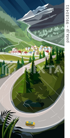 Mountain landscape in the rain with village in a valley and asphalt road in the foreground. Vector illustration Mountain landscape in the rain with village in a valley and asphalt road in the foreground. Vector illustration 99183431