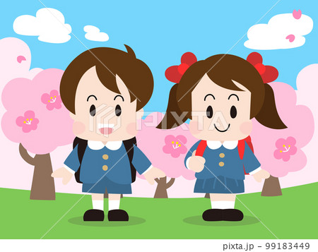 桜の前でランドセルを背負った新一年生の男の子と女の子 99183449