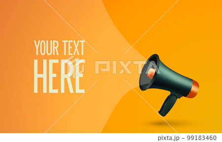Vector Realistic 3d Simple Black Megaphone with Speech Buble on Orange Background. Design Template, Banner, Web. Speaker Sign with Place for Text, Copy Space. Announcement, Attention Concept 99183460