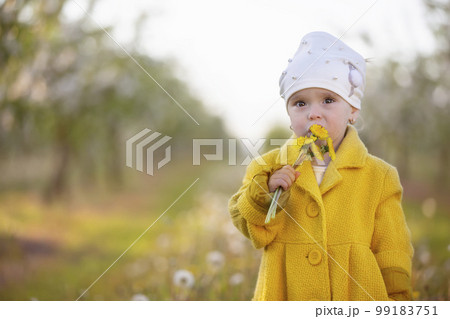 Child in the spring garden. Funny little girl in a yellow coat is holding dandelions. 99183751