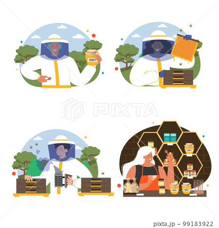 Beekeepers working at honey production farm vector 99183922