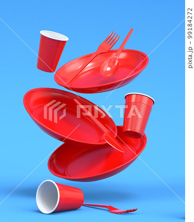 Set of disposable utensils like plate, folk, spoon,knife and cup on blue Set of disposable utensils like plate, folk, spoon,knife and cup on blue 99184272