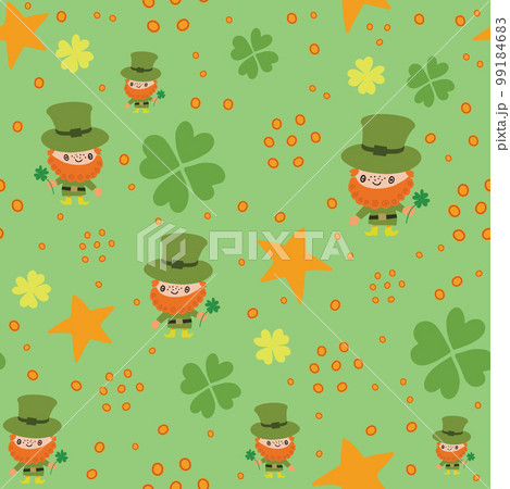 St. Patrick's Day seamless pattern. Hand drawn illustration with Leprechauns, clovers, stars and coins. St. Patrick's Day seamless pattern. Hand drawn illustration with Leprechauns, clovers, stars and coins. 99184683
