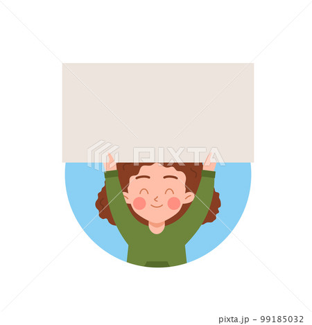 Happy cute kid girl holding blank banner above her head, flat vector isolated. 99185032