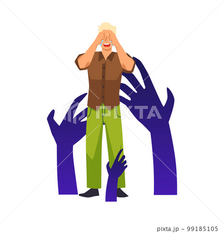 Man in anxiety haunted by fears and phobias flat vector illustration isolated. 99185105