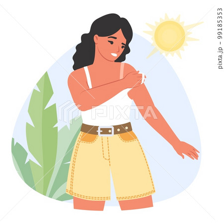 Vector young woman with sunburn problem under sun 99185353