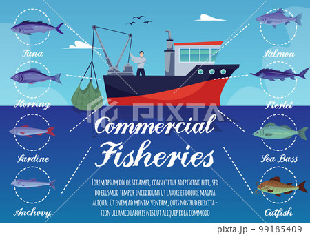 Commercial fisheries business poster template flat vector illustration. 99185409