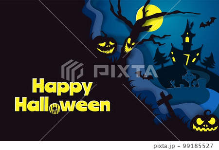 Happy Halloween poster template, vector paper cut illustration 99185527