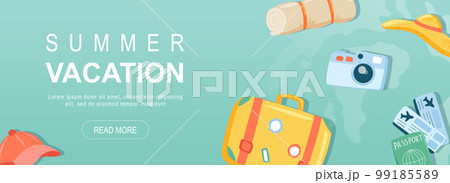 Summer vacation horizontal web banner. Cap, suitcase luggage, mat, photo camera, passport and plane tickets, travel to resort. Vector illustration for header website, cover templates in modern design 99185589
