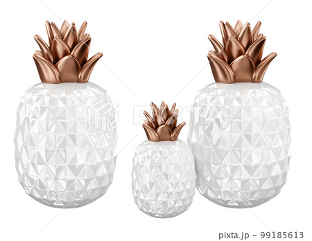 Home decor and accents. White ceramic pineapple set with copper leaves. Home decorative accessories. Isolated interior object. 3d rendering 99185613
