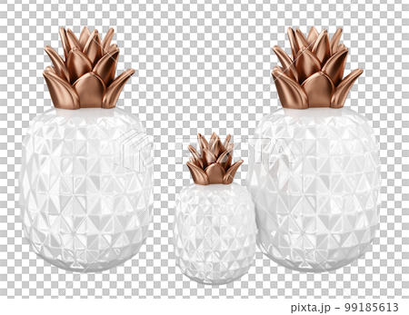 Home decor and accents. White ceramic pineapple set with copper leaves. Home decorative accessories. Isolated interior object. 3d rendering Home decor and accents. White ceramic pineapple set with copper leaves. Home decorative accessories. Isolated interior object. 3d rendering 99185613