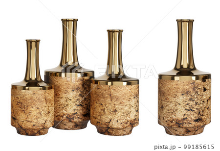 Home decor and accents. Vintage ceramic or glass bottles set with copper top. Home decorative accessories. Isolated interior object. 3d rendering 99185615