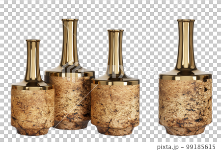 Home decor and accents. Vintage ceramic or glass bottles set with copper top. Home decorative accessories. Isolated interior object. 3d rendering Home decor and accents. Vintage ceramic or glass bottles set with copper top. Home decorative accessories. Isolated interior object. 3d rendering 99185615