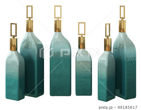Home decor and accents. Gradient turquoise glass bottles set. Home decorative accessories. Isolated interior object over white. 3d rendering Home decor and accents. Gradient turquoise glass bottles set. Home decorative accessories. Isolated interior object over white. 3d rendering 99185617