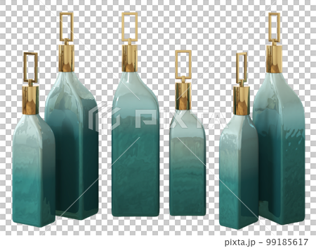 Home decor and accents. Gradient turquoise glass bottles set. Home decorative accessories. Isolated interior object over white. 3d rendering Home decor and accents. Gradient turquoise glass bottles set. Home decorative accessories. Isolated interior object over white. 3d rendering 99185617