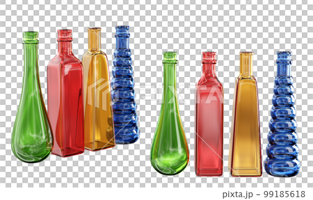 Home decor and accents. Vibrant, multicolored glass bottles set. Home decorative accessories. Isolated interior objects over white. 3d rendering Home decor and accents. Vibrant, multicolored glass bottles set. Home decorative accessories. Isolated interior objects over white. 3d rendering 99185618