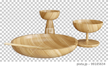Wooden plate or bowl with chopsticks isolated. Wooden decorative glasses set. Kitchen decor and accents. Home decorative accessories. 3d rendering Wooden plate or bowl with chopsticks isolated. Wooden decorative glasses set. Kitchen decor and accents. Home decorative accessories. 3d rendering 99185634