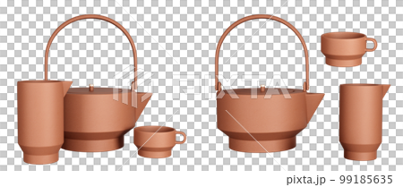 Clay teapot, jug and cup isolated. Kitchen decor and accents. Home decorative accessories. Isolated interior object. 3d rendering 99185635