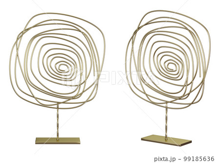 Gold metal contemporary abstract sculpture. Wire spin figurine. Home decor and accents. Home decorative accessories. Isolated interior object. 3d rendering, 99185636
