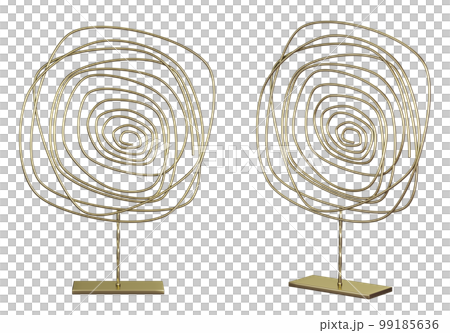 Gold metal contemporary abstract sculpture. Wire spin figurine. Home decor and accents. Home decorative accessories. Isolated interior object. 3d rendering, 99185636