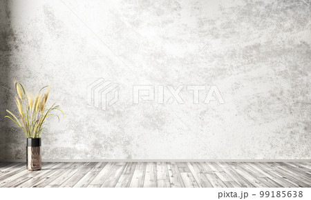 Empty interior background of room with gray stucco or concrete wall. Decorative vase with grass. 3d rendering Empty interior background of room with gray stucco or concrete wall. Decorative vase with grass. 3d rendering 99185638