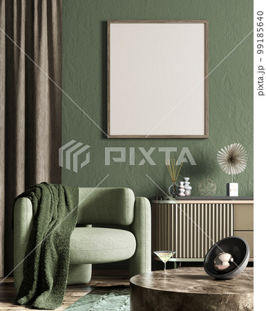 Interior design of living room with coffee table and green armchair, mock up poster on the wall. Home design. 3d rendering Interior design of living room with coffee table and green armchair, mock up poster on the wall. Home design. 3d rendering 99185640