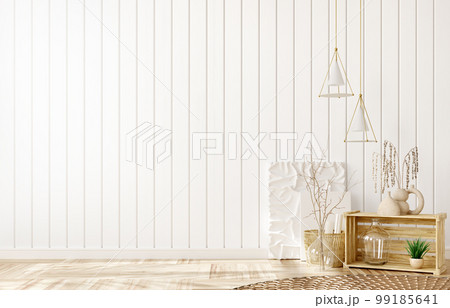 Empty room interior background, white paneling wall, home decor over the wooden planks wall. Weave rug on the parquet flooring. 3d rendering 99185641